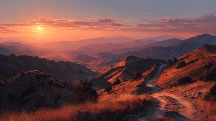Naklejka premium A sun-drenched mountain vista at dusk, with a dirt path winding through valleys, bathed in orange hues