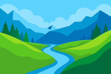 Serene mountain landscape with winding river and green hills