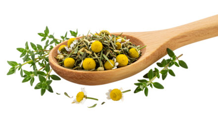 Wooden spoon with dried chamomile flowers and fresh herbs isolated on white background, natural herbal remedy and organic tea ingredient