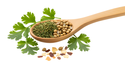 Wooden spoon with dried dill, coriander seeds and crushed red pepper flakes with fresh parsley leaves isolated on white, perfect for cooking and seasoning