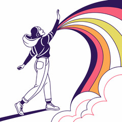 Woman reaching for a rainbow isolated on white background, chasing her dreams