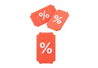 3d icon of orange discount coupons with percent signs, isolated on transparent background