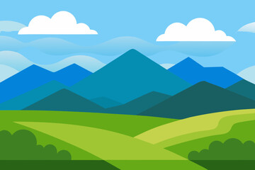 Obraz premium Stylized flat landscape with rolling green hills and blue mountains under a cloudy sky