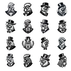 Naklejka premium Set of Rooster Head Portraits in Suits and Hats Vector Illustrations
