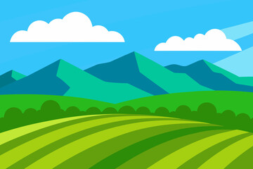 Obraz premium Stylized green rolling hills and mountains under a blue sky with clouds