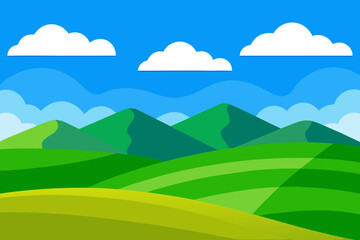 Vibrant green rolling hills and mountains under a blue sky with fluffy clouds