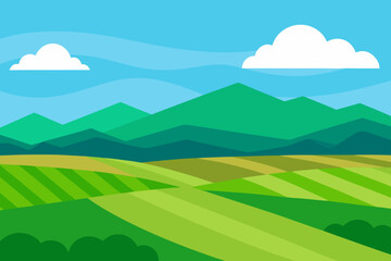 Obraz premium Stylized green rolling hills and mountains under a blue sky with clouds