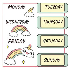 Illustration of days of the week with monday wednesday friday and tuesday thursday saturday sunday and rainbow