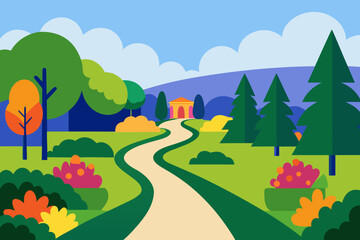 Obraz premium Stylized park landscape with winding path leading to a gazebo