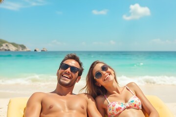 Summer beach vacation, couple sunbathing background, sunglasses, copy space.