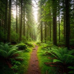 Fototapeta premium Sunlight streams through a lush forest path.