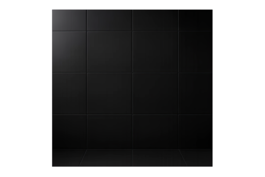 Black glossy tiles with grout reflecting light on flat wall surface