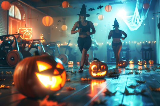 Dynamic halloween fitness workout with two caucasian women in witch costumes running in decorated gym amidst glowing jackolanterns and vibrant lights