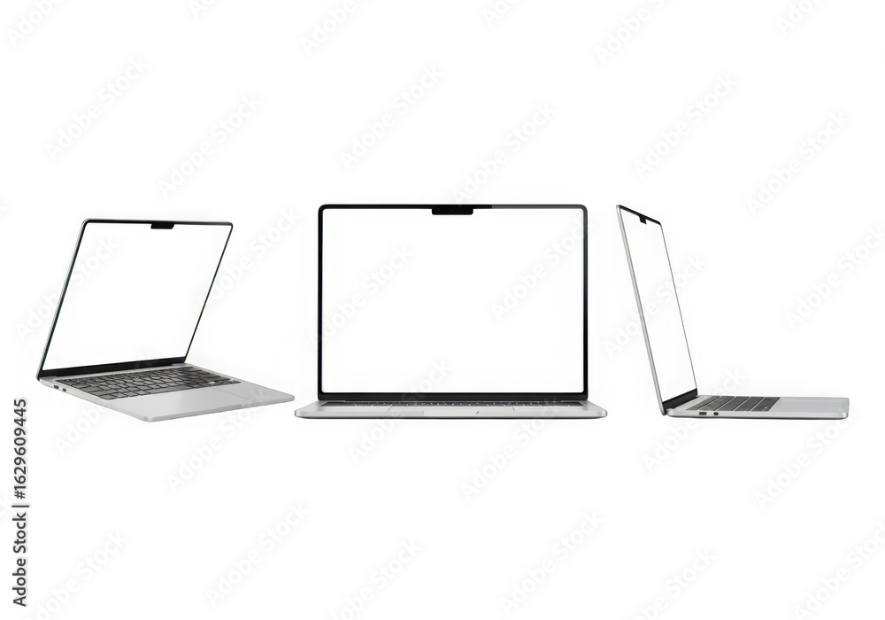 Poster 3d icon of three modern laptops from different angles, isolated on transparent background