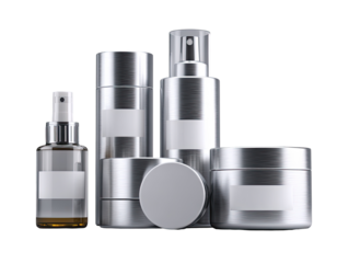 Metallic cosmetic containers.  Various sizes and shapes of spray, lotion, and cream bottles.  Blank labels.  Modern design