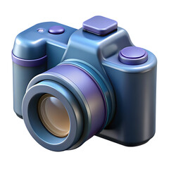 Close up of a blue and purple toy camera with a black background