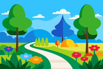 Fototapeta premium Vibrant cartoon landscape with a winding path and colorful flowers