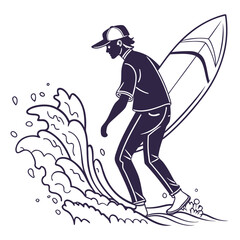 Young man wearing a cap and t shirt surfing on a wave with a surfboard