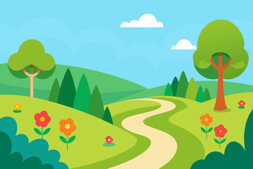 Naklejka premium Idyllic countryside landscape with winding path and flowers