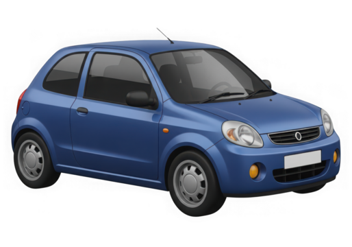 3d icon of a blue compact hatchback car viewed from the front threequarter angle, isolated on transparent background