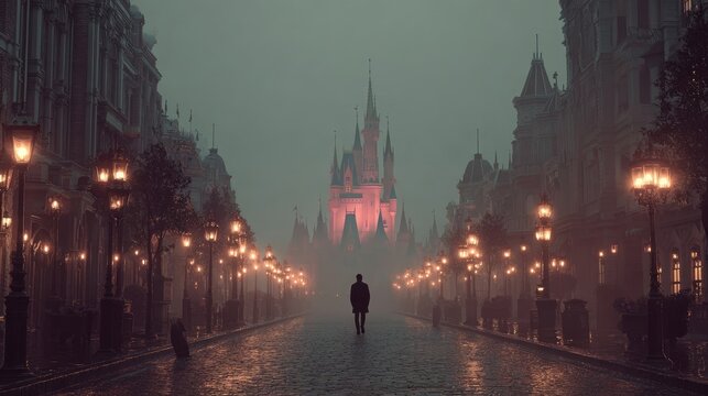 Misty, gothic street leading to a fairytale castle