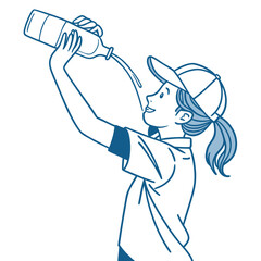 Young woman wearing a baseball cap drinks water from a bottle on a white background