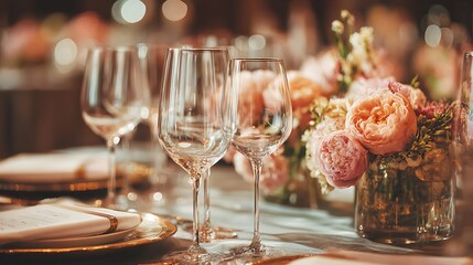Luxury table setting with elegant flowers and wine glasses event photography wedding or holiday dinner vibe