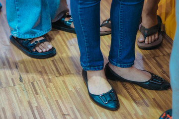 close up of feet in queue