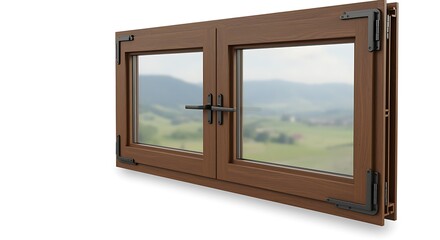 A close up of a brown wooden window frame with black hardware and a view of a landscape outside