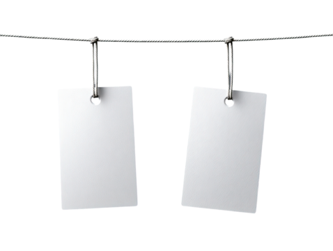 Two blank rectangular tags hanging from a light gray cord
