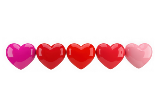 3d icon of a row of five colorful hearts in shades of pink and red, symbolizing love and affection, isolated on a transparent background - Powered by Adobe