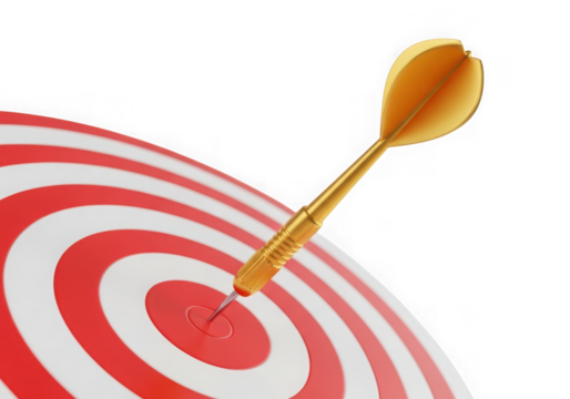 3d icon of a golden dart hitting the bullseye of a red and white striped target, symbolizing precision, focus, and achieving goals isolated on transparent background