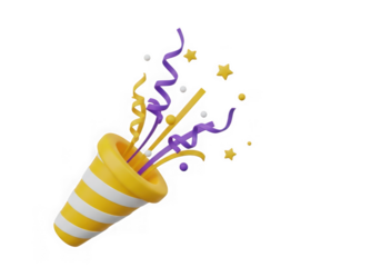 3d icon of party popper exploding with confetti and streamers isolated on transparent background