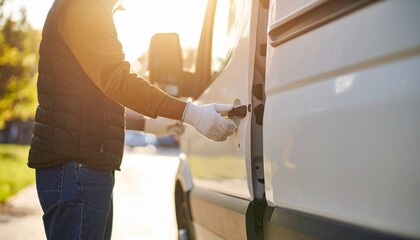 A person wearing protective gloves opens the side door of a white van in the bright sunlight.