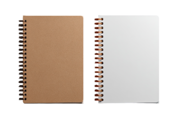 Two spiral-bound notebooks, one brown, one white