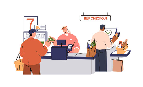 Self-checkout and check-out with employee at grocery store. Customers at screen terminal paying with card and at cashier register, cash payment. Flat vector illustration isolated on white background