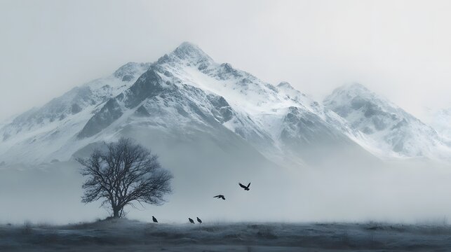 Surreal fog-covered mountain range with a single barren tree and three crows