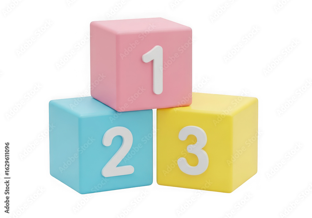 Poster 3d icon of three colorful pastel building blocks with numbers 1, 2, and 3 stacked, isolated on trans