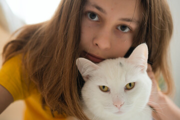 Fluffy white cat contentedly resting in adolescent girl's embrace. Peaceful scene of mutual trust...