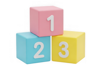 3d icon of three colorful pastel building blocks with numbers 1, 2, and 3 stacked, isolated on transparent background