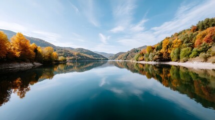 Serene autumn mountain landscape with a calm lake and reflective foliage