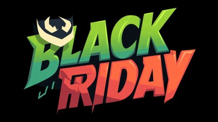 Black Friday bold cartoon text with stylized monster element on dark background.