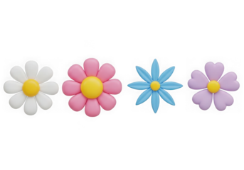 3d icon of collection of four cute stylized flowers in various colors, isolated on transparent background