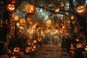 Fototapeta premium Enchanting halloween night celebration illuminated by warm glowing pumpkins and festive lanterns with crowd of people enjoying spooky autumn village scene