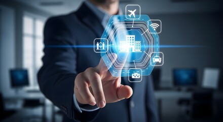 Businessman interacting with a holographic interface displaying various transportation and communication icons, suggesting a global connectivity concept.