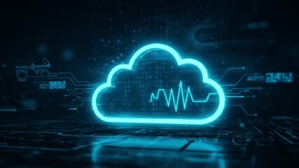 Glowing cloud icon with heartbeat line inside on a circuit board background blue hue - Powered by Adobe