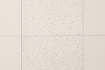 Speckled ceramic tiles with grout and light tones on textured surface