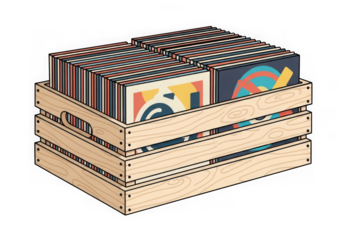 3d icon of a wooden crate filled with vinyl records featuring colorful abstract artwork, isolated on a transparent background, symbolizing music collection and storage