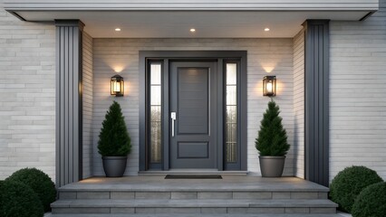 Modern home entrance with gray door and elegant sidelights