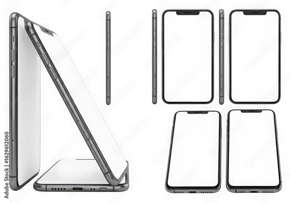 Poster 3d icon of modern smartphone isolated on transparent background, showcasing different angles and a b